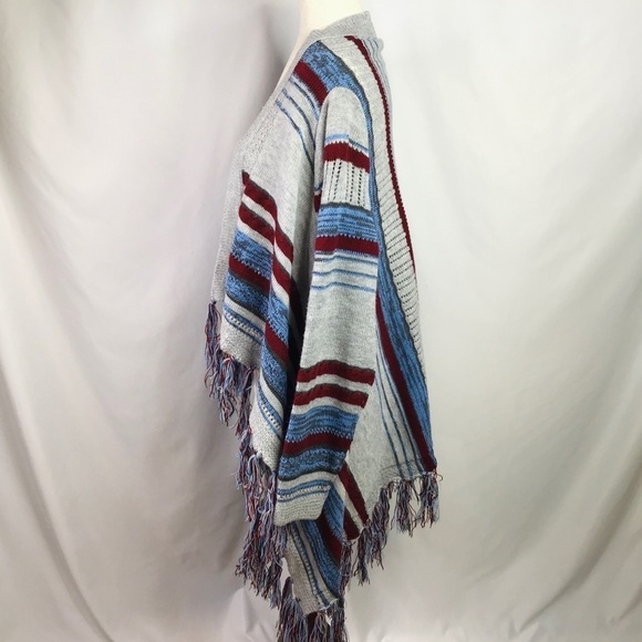 1175 Cardigan Sweater Size M Boho Fringe Soft Knit Gray Blue Burgundy - Picture 4 of 10